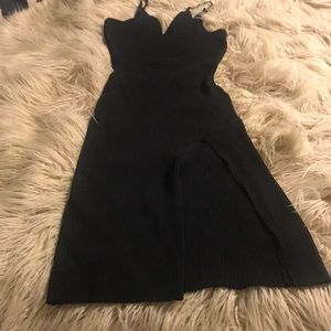 Spaghetti strap black dress with high slit